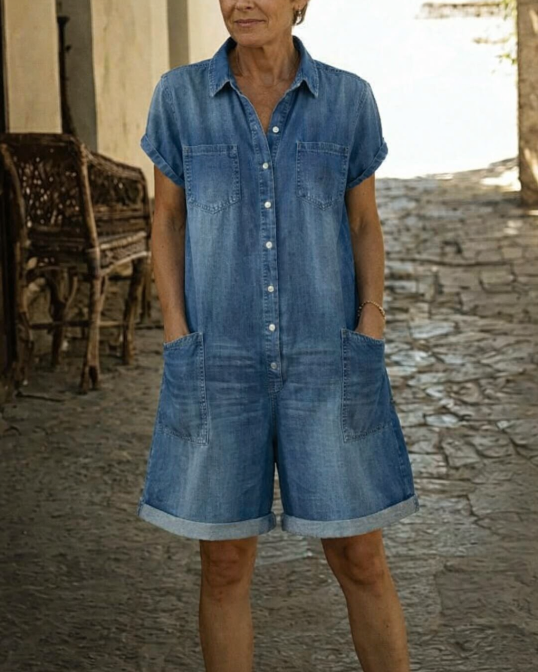 Darcie | Denim Playsuit met Kraag en Korte Mouwen