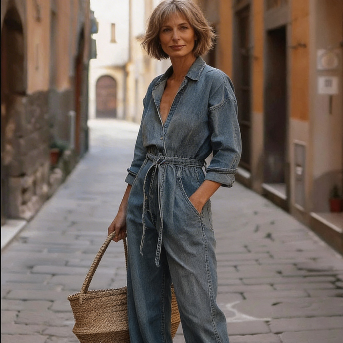 Judy | Denim-Jumpsuit mit Taillenband und langen Ärmeln